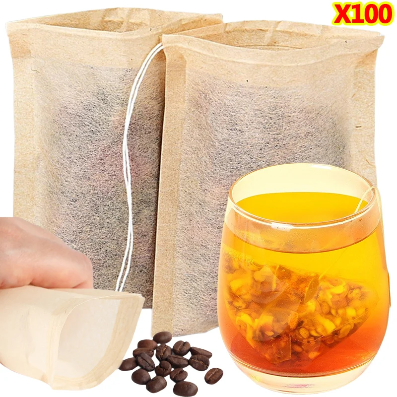 Coffee Tea And Leaf - 100 個ティーバッグ巾着フィルター付き空のティーバッグコーヒー豆葉茶粉末漢方薬生分解性紙袋