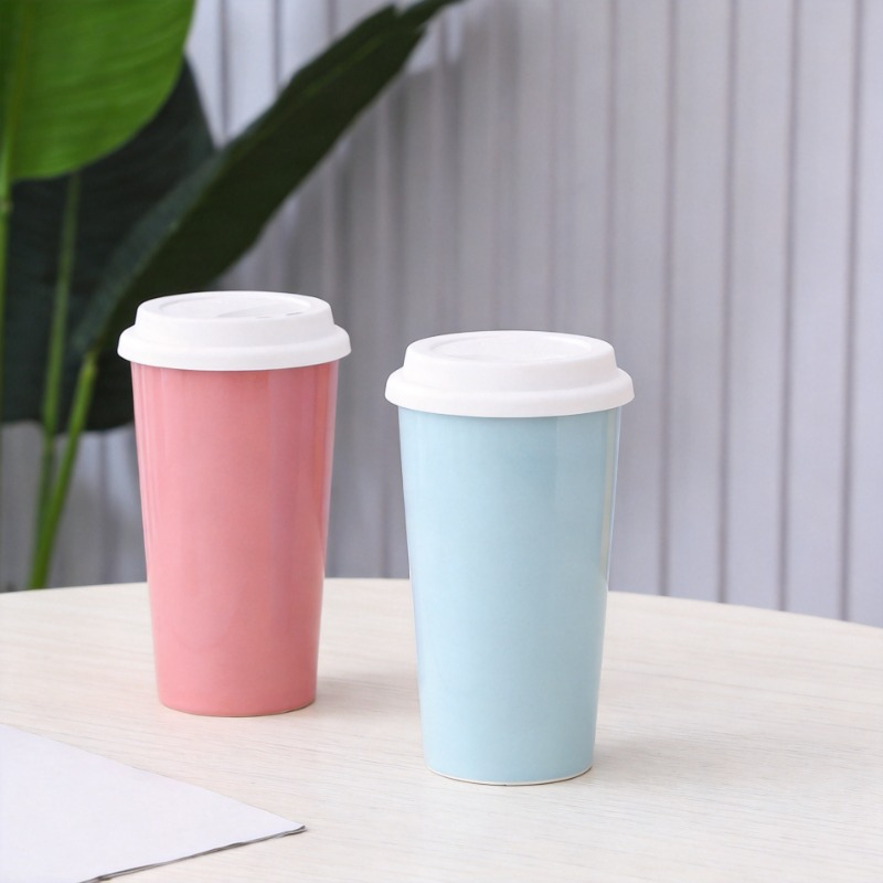 Coffee Tea Love - シンプルなセラミックミルクティーカップ 450ML シリコン蓋付き 大容量コーヒーマグ 厚みのある耐熱ギフトボックス