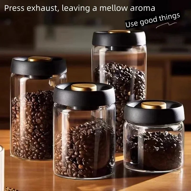 Coffee Tea Flask - 手動真空密閉コーヒージャー 高ホウケイ酸ガラス 防湿茶保存容器 キッチンコーヒー用