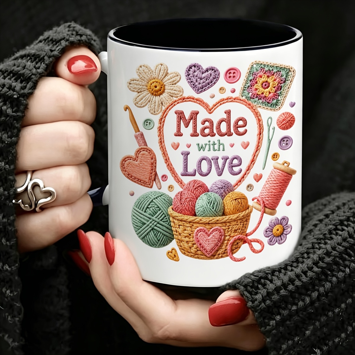 Coffee Tea Love - 手作り11オンスセラミックマグカップ、精巧な手編みウールボールの愛のデザイン - 母の日、誕生日、クリスマス、コーヒー、紅茶、ミルク用のギフト、セラミック製飲料用具ギフト