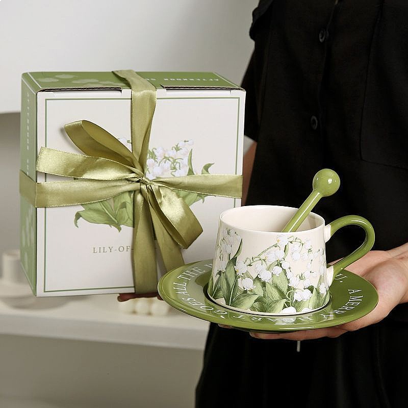 Valley Tea And Coffee - 手描きのスズラン柄セラミックコーヒーカップ＆ソーサーセット、ラテカップ、アフタヌーンティー、繊細な贈り物、コーヒーカップセット、ティーカップ