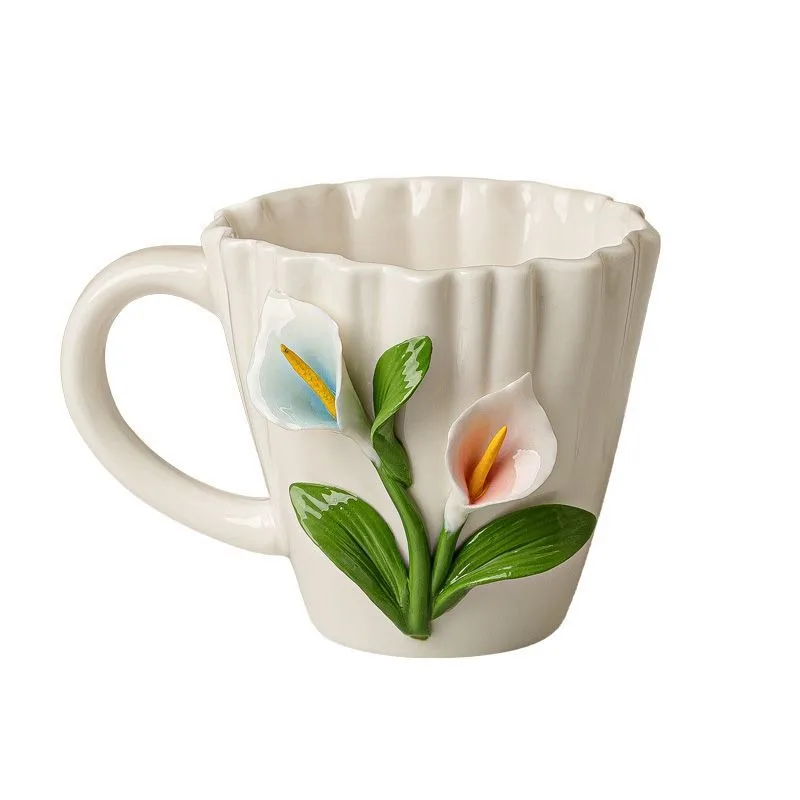 Valley Tea And Coffee - クリエイティブスズランセラミックコーヒーカップ立体レリーフカップルカップアフタヌーンティーフラワーティーカップホームミルクマグ新登場