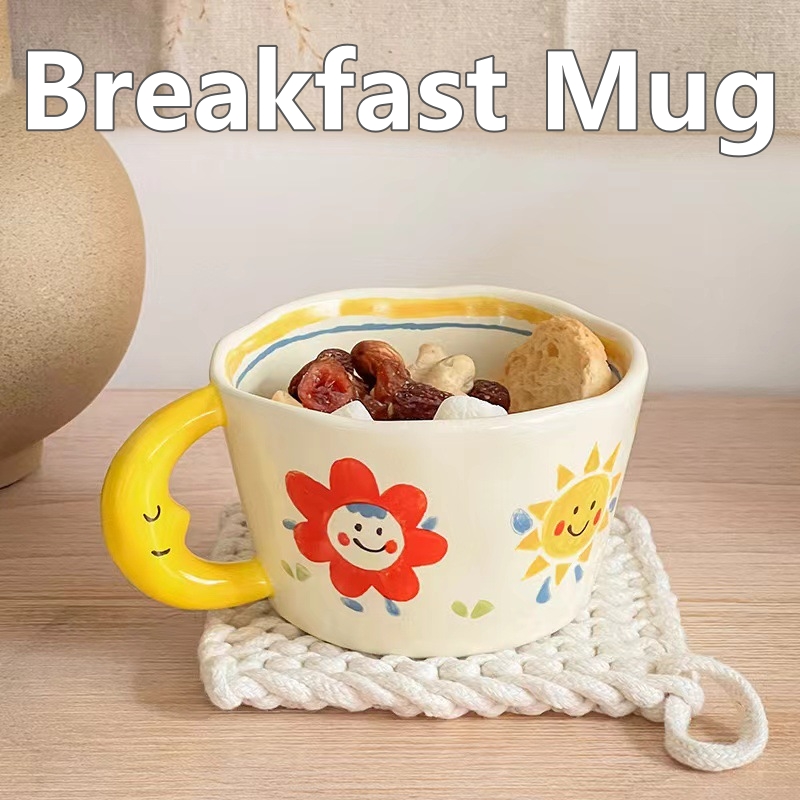 Coffee Tea Love - セラミックマグ 素敵な手描き ムーンハンドル付き クリエイティブ朝食カップ キッチン ドリンクウェア