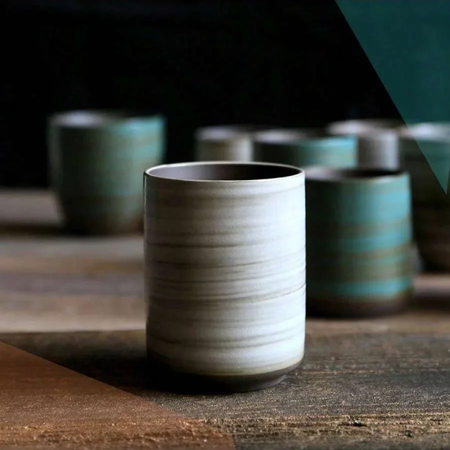 Coffee Tea Flask - 手描きのクラックル釉ストーンウェアマグ、ヴィンテージアジアンセラミックコーヒーティーカップ、食器洗い機対応ギフト家庭用禅アロマセラピー