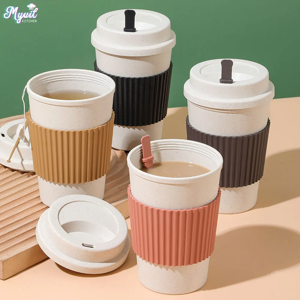 Coffee Tea Flask - 450 ミリリットルコーヒーカップ蓋付き小麦ストロー再利用可能なポータブルコーヒーカップ食器洗い機対応コーヒーマグコーヒーティートラベルカップ