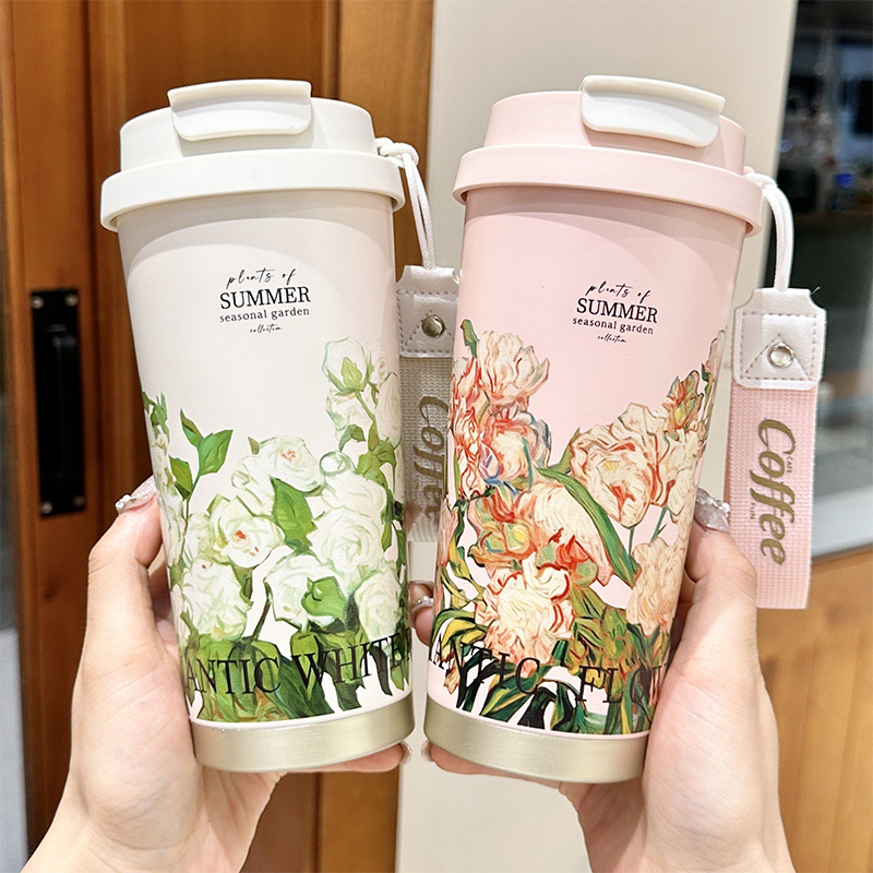 Coffee Tea Weight Loss - 5D 印刷フラワーステンレス鋼魔法瓶マグポータブルデュアルドリンクコーヒーマグ車大容量ストロー水ギフトカップ