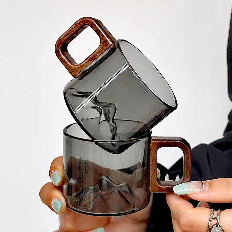 小さな容量のクルミの木製ハンドルガラスコーヒーマグ、北欧のコ - Coffee Tea Flask のレビューと価格